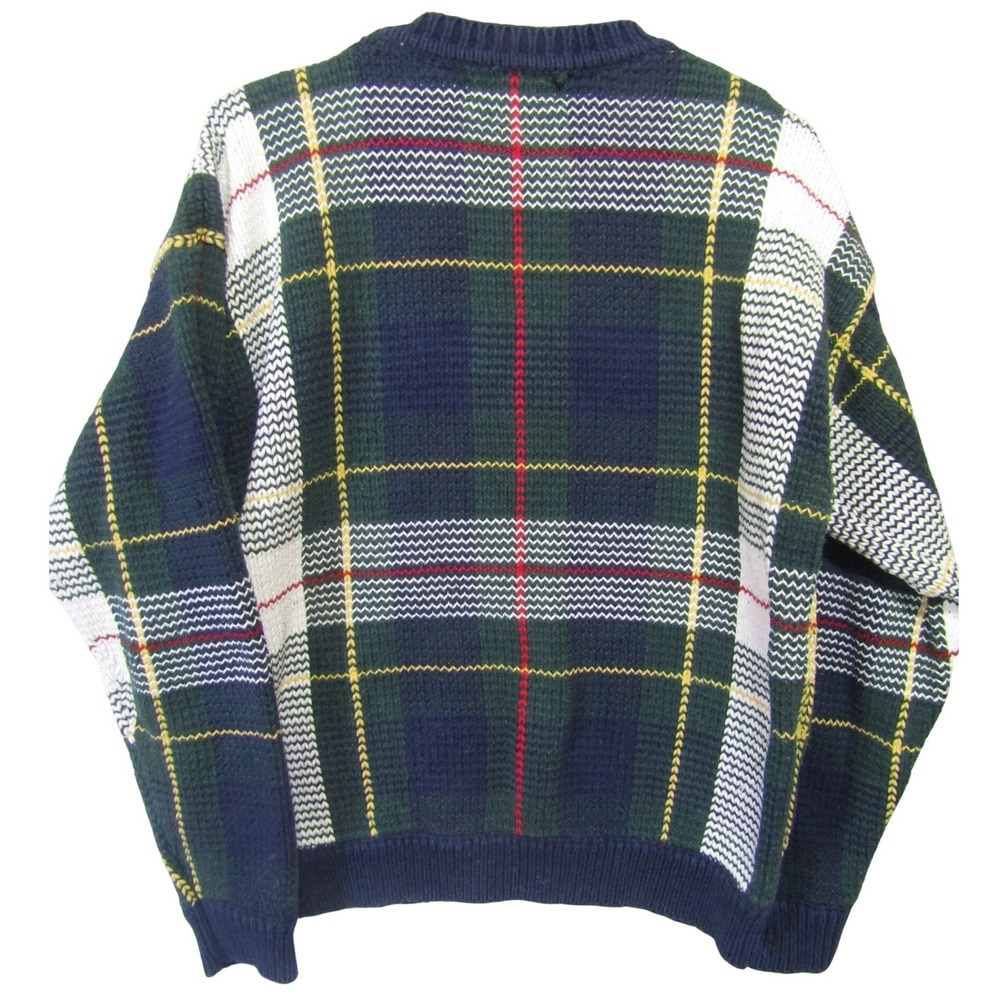 Hunt Club Plaid Crewneck Sweater Mens Medium Green Blue Cotton Vintage Excellent - Picture 2 of 7